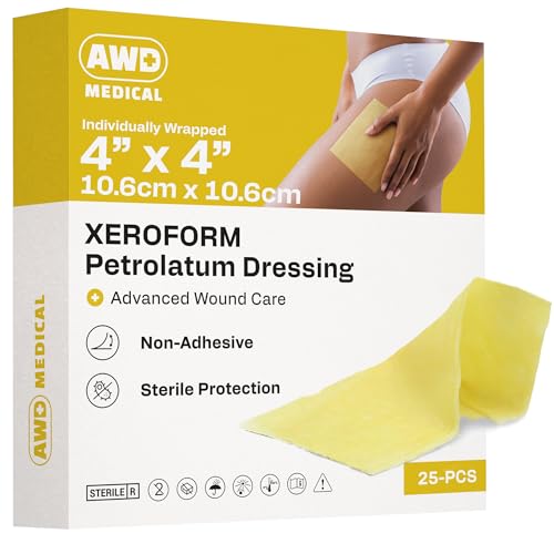 AWD Medical Xeroform Petrolatum Dressing - Non-Adhering Gauze Pad - Fine Mesh Gauze Patch Sterile - Healthcare Supplies for Wound Care, Burns, Lacerations, & Skin Grafts Aide (Box of 25) (4\"x4\")