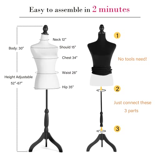Hombour Dress Form With Detachable Black Fabric Cover, 52-67 Inch Height Adjustable Female Mannequin Torso With Tripod Base Stand For Sewing Dress Jewelry Display, White Model #TOP4