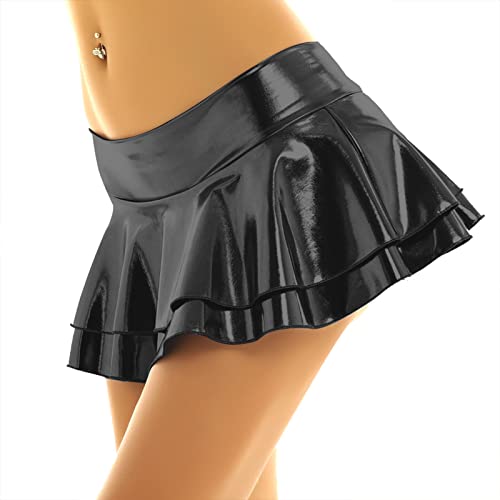 Yevin Saia feminina de látex metálico mini saia patinadora plissada sexy, Preto