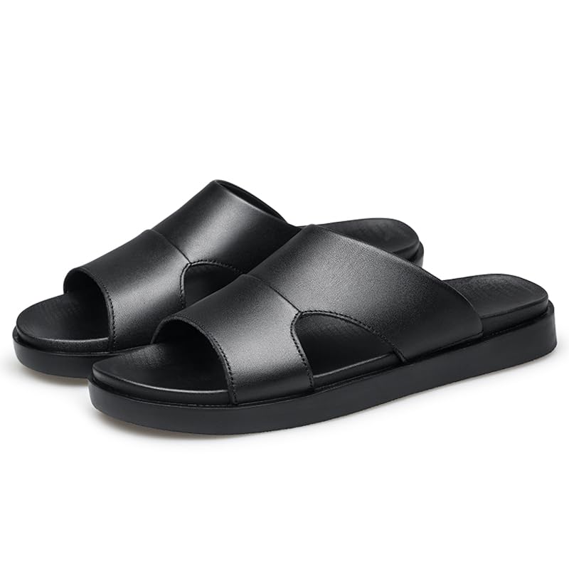 Men Black Leather Slide Sandals Slip On Casual Slippers Summer Shoes Anti-skid Wear Resistant Retro Style3