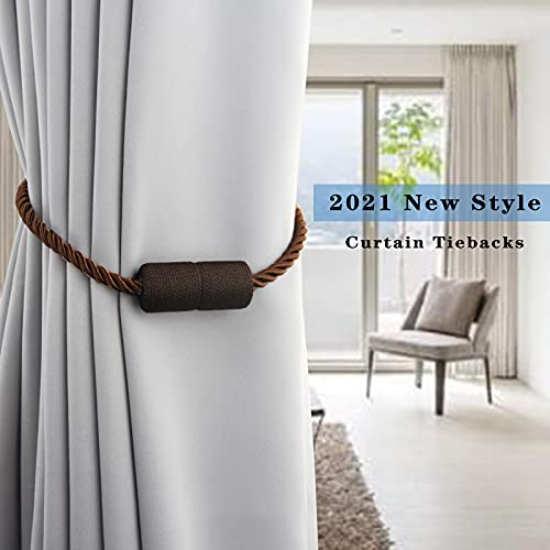 Porlau 2 Pack Strong Magnetic Curtain Tiebacks Outdoor Elegant Decorative Tie Backs Modern Rope Tiebacks for Drapes Window Curtain Holdbacks for Draperies- Coffee