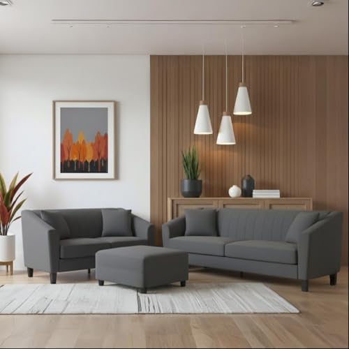 Image of Avion Natalia 3+2 Seater Sofa Set with Ottoman for Living Room Dark Grey | Modern 6 Person Sofas Furniture | Fabric Sofa Set 6 Seater Couch for Guests Room Festival Gifts