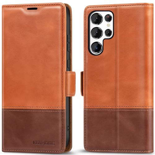 KEZiHOME for Samsung Galaxy S25 Ultra Case, Genuine Leather [RFID Blocking] Galaxy S25 Ultra Wallet Case, Card Slot Flip Magnetic Stand Phone Cover Compatible with Samsung S25 Ultra (Khaki/Brown)