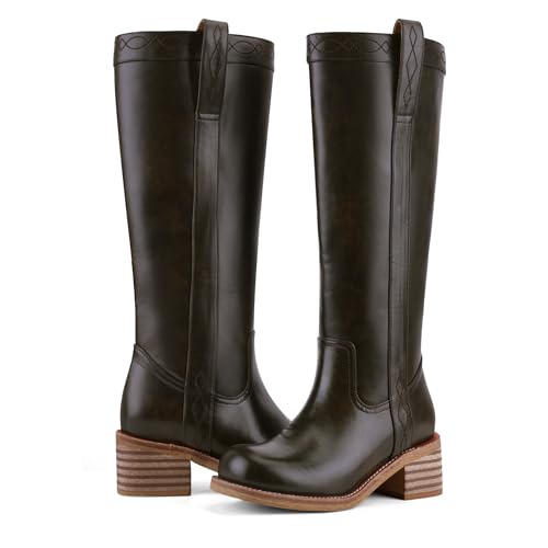 Image of UBWDU Women's Knee High Boots Chunky Block Heel Long Boots Square Toe Low Heel Boots for Women