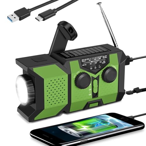 Radio Solar portátil con Am/FM/NOAA, Alarma SOS Y Dinamo De Manivela, batería Recargable de 2000 mAh, Cargador de teléfono móvil USB, Linterna LED, para emergencias, Camping (Verde)