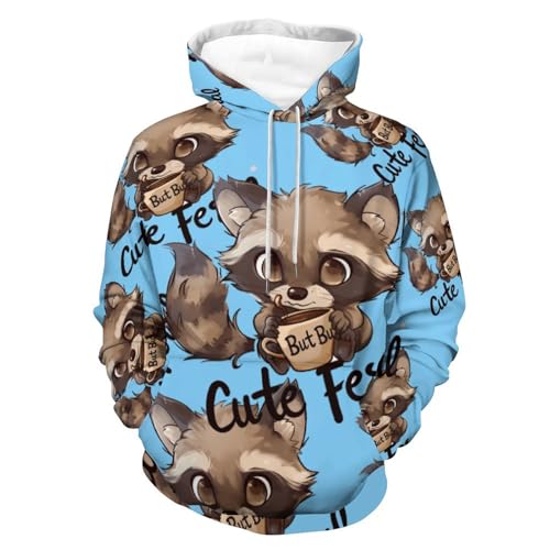 Raccoon Cute But Feral Loves Coffee Adult Pullover Hoodies Long Sleeve Sweatshirt Casual Tops with Pockets for Women Men