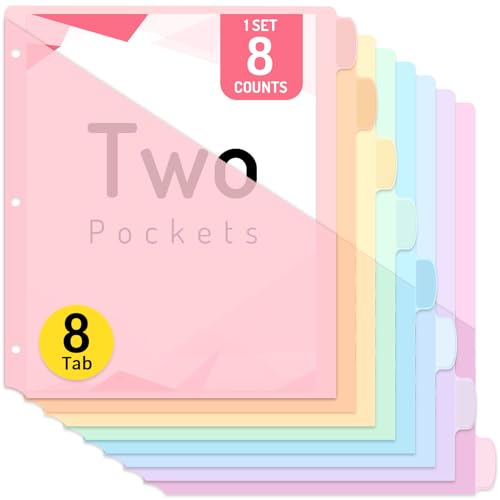 Forvencer 8 Count Dividers with Two Pockets 8 tab Binder Dividers for 3 Ring Binder Organizer Binder Divider with Tabs for School Office and Home Organization Multicolor 1 Set
