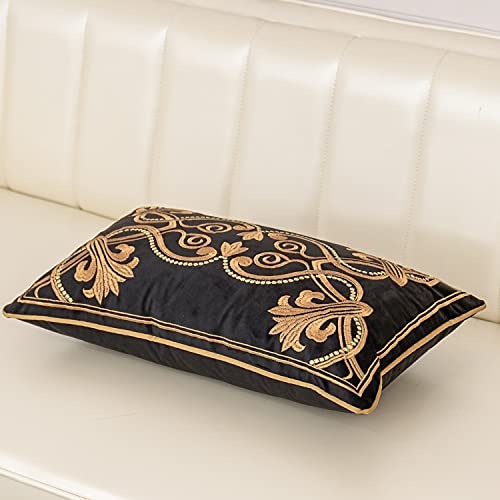 Aeckself 12 X 20 Inch European Cushion Cover Luxury Velvet Home Decorative Embroidered Floral Lumbar Pillow Case Pillowcase For Sofa Chair Bedroom Living Room, Black And Gold 30 X 50Cm #TOP2