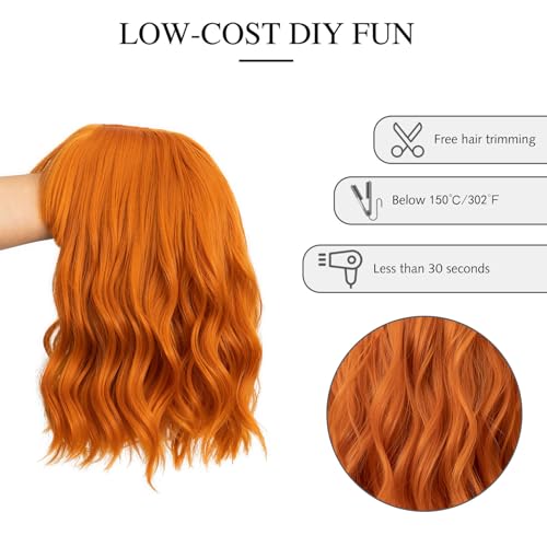 Image of Rose bud Wavy Bob Wig with Bangs Natural Orange Wig Synthetic Hair Shoulder Length Short Curly Wigs for Women