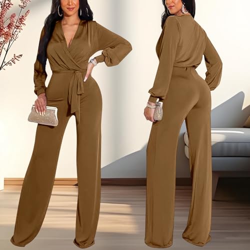 Image of shengfan Formal Jumpsuits for Women Dressy Evening Sexy Deep V Neck Plus Size Long Wide Leg Pants Rompers Clubwear