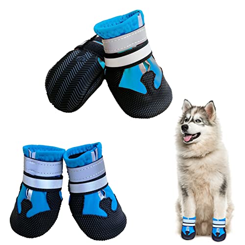 NeuWook Hundeschuhe, 4er-Set wasserdichte Hundeschuhe Anti-rutsch Hundestiefe mit reflektierendem Riemen, Breathable Hundestiefel Pfotenschutz für Kleine Mittelgroße Hunde (XL, Blau) Cover