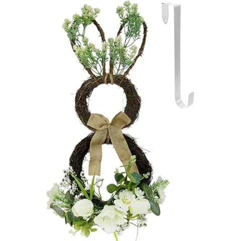 DearSun 25" H Handicrafts Spring Bunny Wreath with Hanger for Spring and Easter Front Door Wall Window Decor, Decorated with Artificial Flowers, Eggs and Green Leaves (Bunny Wreath with White Flower) Cover