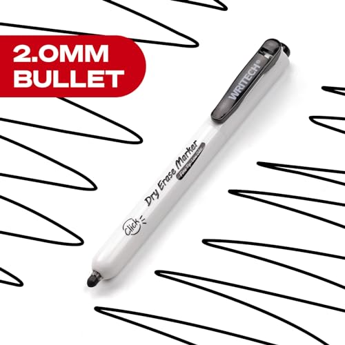 Image of WRITECH Retractable Dry Erase Markers: Fine Point Clickable Black Colored Ink Marker Low Odor Erasable Thin Tip Refillable Whiteboard Marker Pen Set 12ct No Bleed Smear