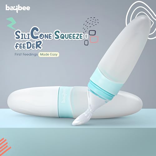 Image of BAYBEE Baby Silicone Food Feeder | Bpa Free & Leak Proof Soft Spoon Feeding for Babies, Infants | Anti-Colic Semi-Solid Squeezy Food Feeder Bottle for Baby 6 to 12 Months (200 ml, Aqua)
