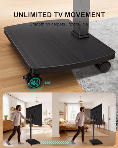Image of WALI Motorized Rolling TV Stand Lift on Wheels, Electric Height Adjustable Television Stand Mount with Remote for 32-75 inch TVs up to 110 lbs, Mobile TV Cart with Wood Base for Bedroom(TVDVD-7ER), Black