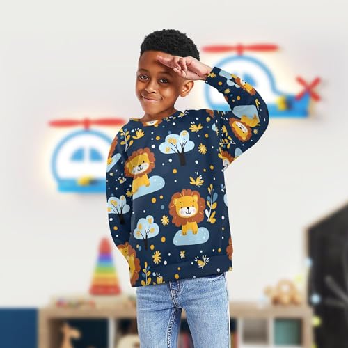 JUNZAN Handdrawing Cartoon Tigers Flowers Blue Little Kids Hooded Sweatshirt Fleece Sweatshirt With Hoodie Sports 4T4