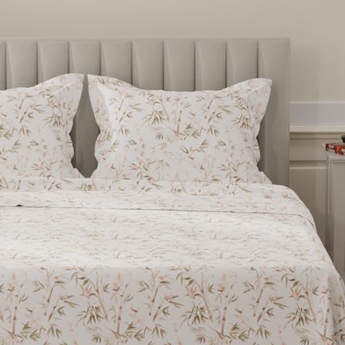Image of Layers 100% Cotton Bedsheet for King Size Bed | Lumina Floret Collection | 144 TC Soft & Breathable | Printed with 2 Pillow Covers | Wrinkle Free & Colorfast | 3 Piece Bedding Set - Brown & White