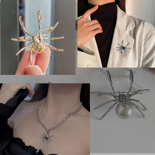 Image of 3PCS Spider Brooches and Pins, Gothic Punk Style Lapel Pin Set with Faux Pearl Vintage for Backpack Scarf Shirt Collar Hat Prom Halloween Party Bar Gift
