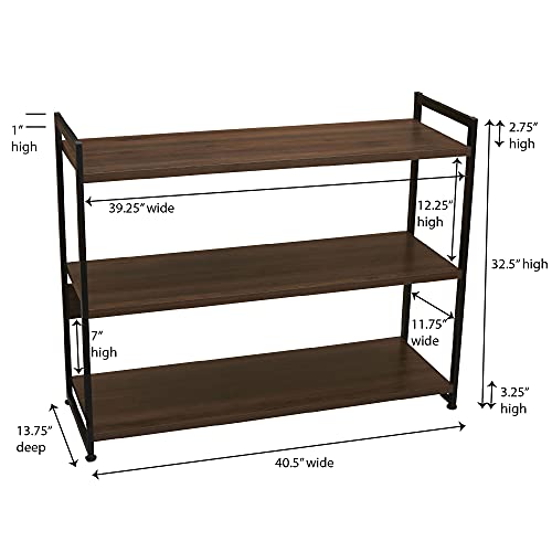 Household Essentials Mid Century Wide 3 Tier Book Shelf, Walnut Wood Finish #TOP3