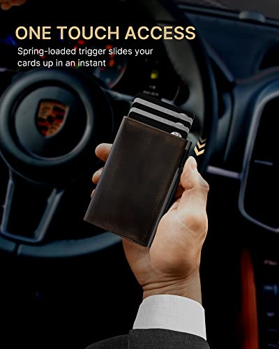 Image of typecase Mens Wallet Card Holder: Pop Up Aluminum Case, Full Grain Leather, RFID Blocking, Smart, Slim, Minimalist, Front Pocket - 9-14 Card Capacity | ID Window | Cash Slot (Burnished Black)