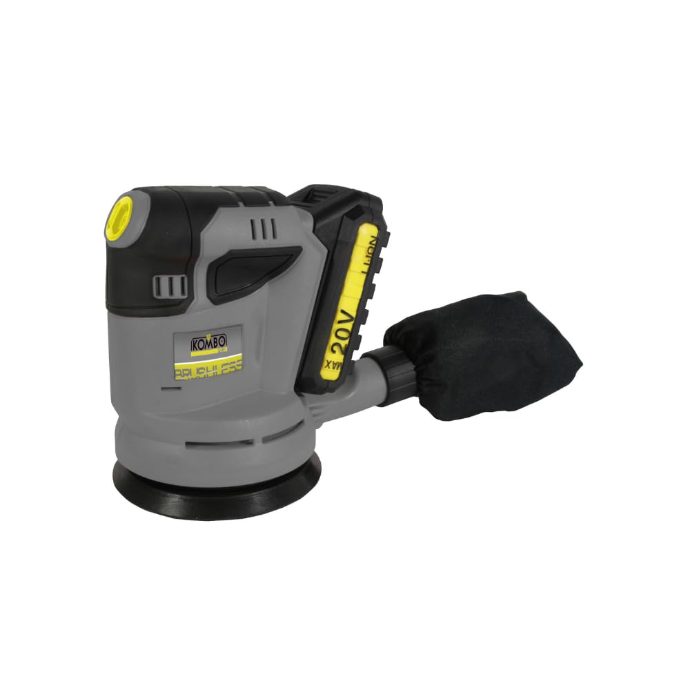 KOMBO Pro – Lijadora roto-orbital sin escobillas de 20 V, diámetro de 125 mm, 11.000 rpm, motor de cobre, bolsa de polvo, Soft Grip, 10 hojas abrasivas, batería 2.0 Ah y cargador incluidos