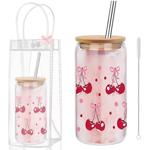 Coquette Cheeries Bows Glass Cup with Clear Gift Bag,16 oz Iced Coffee Cup with Lids and Straws, Aesthetic Glass Tumbler Smoothie Cup Beer Drinking Cup for Girls/Bestfriend/Sister/Girlfriend/Mom