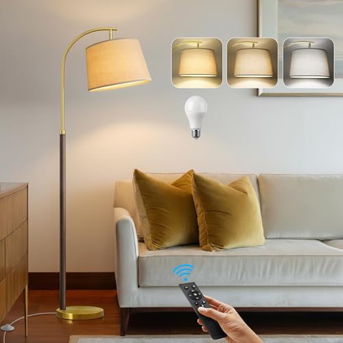 63" Wood Floor Lamp for Living Room Dimmable Standing Lamp with Remote & Foot Switch, 3 Color Temperatures Tall Lamp Mid Century Modern Floor Lamp for Bedroom Office, 9W Bulb Included, Walnut Brown