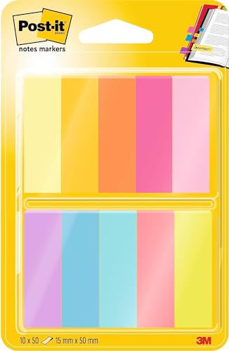 Post-It Mininotas, Paquete de 10 Blocs de Notas Adhesivas, 50 Marcadores por Bloc, 12.7x44.4 mm, Amarillo, Naranja, Rosa, Morado, Azul, Verde, Marcapáginas Para Señalar, Resaltar o Colorear