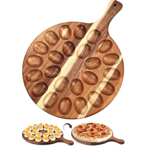 Wsobue Deviled Egg Platter,24 Holes Reversible Wood Devil Egg Tray Round Charcuterie Board Thicken Egg Tray Countertop for Easter Christmas Kitchen Deviled Egg Carrier (Round-24 Holes) Cover