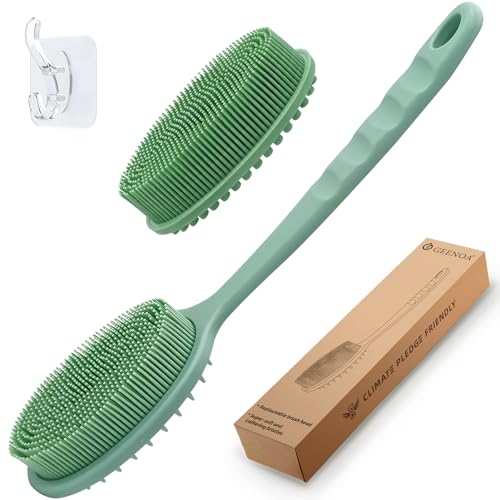 GEENOA Silicone Back Washer for Shower, Gentle Exfoliating Body & Back Scrubber with Handle, Silicone Loofah with Two Dual-Side & Replaceable Brush Heads(Green-Two Heads)