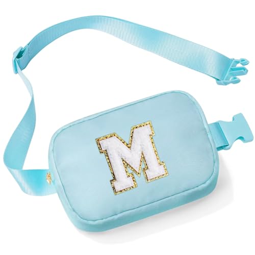 YOOLIFE Buchstaben Bauchtasche Kinder Mädchen Gürteltasche - Geschenk Mädchen 3 4 5 6 7 8 9 10 11 12 Jahre Personalisiert Teenager Geschenke für Frauen Freund Schwester Mama Blau Buchstaben M