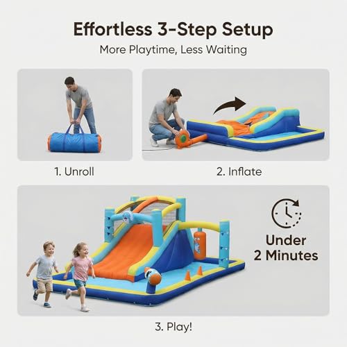 TABU Bounce House with Slide, Inflatable Castle with Splash Pool Water Cannons, Outdoor/Indoor Bouncy House with Air Blower, Ball Pit, Boxing, Climbing Wall, for Kids Aged 3-12(187.2x112x73.2IN)