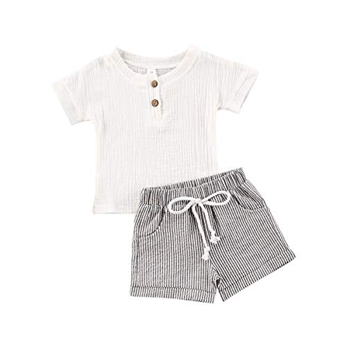 Image of Molgkyo Toddler Baby Boy Summer Clothes Short Sleeve Buttons T-Shirt Tops Drawstring Shorts Sets 2Pcs Cotton Linen Outfits
