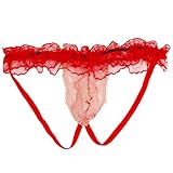 BTREEFLO Men's Lace Frilly Sissy Thong Panties G-string Bikini Briefs Underwear Sissy Pouch for Men (US, Alpha, One Size, Regular, Regular, Red)