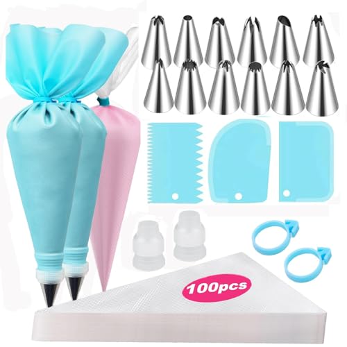 Juego de boquillas de tubería, 100 bolsas desechables de 12 pulgadas, 12 boquillas grandes, 2 bolsas de glaseado reutilizables, 2 acopladores, 2 lazos de bolsa y 3 raspadores de pasteles, puntas de