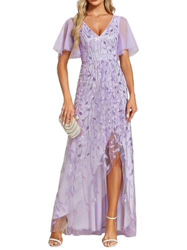 Ever-Pretty Vestido Largo de Invitada Boda Mujer Abertura Cuello en V Doble Asimétrico Lentejuelas Vestido Noche con Cintura Imperio Lavanda 38