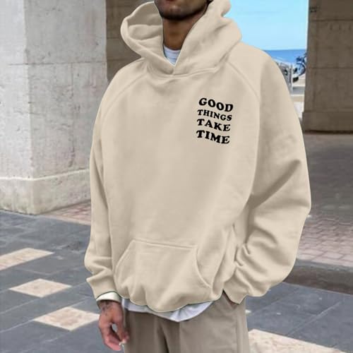 Pull streetwear hommes ample beige sweat à capuche confortable imprimé