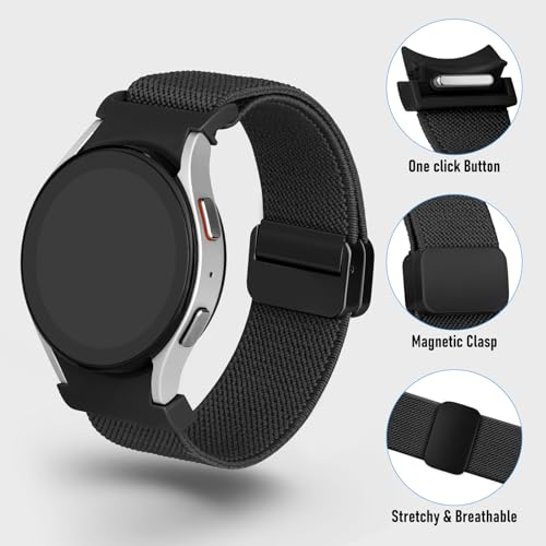 Magnetic Elastic Bands Compatible with Samsung Galaxy Watch 6/5/4 40m 44mm/Galaxy Watch 6 Classic 43mm 47mm/Watch 5 Pro 45mm/Watch 4 Classic 42mm 46mm, 20mm One Click No Gap Stretchy Nylon Wristband