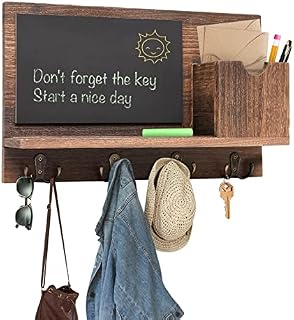 Key Holder for Wall Decorative, Mail Organizer Wall Mount with 4 Double Key Hooks and Message Board, Rustic Wooden Key and Mail Holder for Wall, Home Decor for Entryway, Hallway, Brown