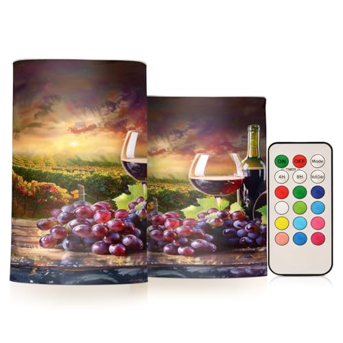 Image of Flickering Flameless Candles, Wine Grass Grapes Wine Barrel LED Candles with Remote Timer, Set of 2 Battery Operated Candle for Valentine Wedding Birthday