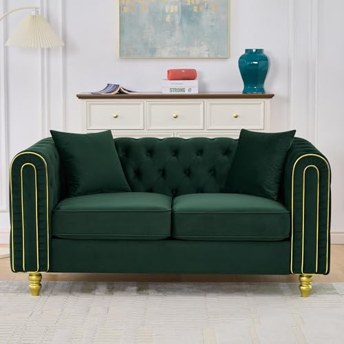 Kolavess Velvet Chesterfield Button Tufted Sofa, Modern 2 Deep Seater Couch, Upholstered Comfy Loveseat Sofa with 2 Pillows for Living Room, Green