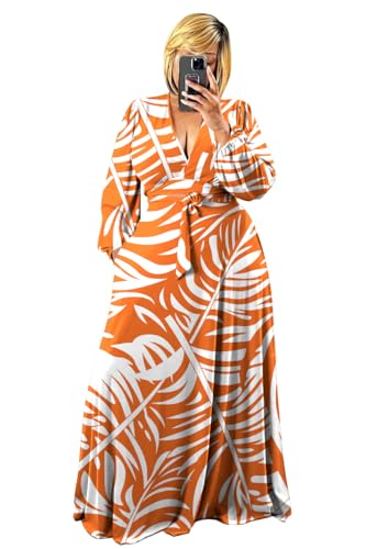 Image of Plus Size Women's 2 Piece Outfits Casual Long Sleeve Wrap Crop Top Maxi Long Dress Flowy Matching Sets