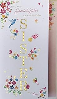Words and Wishes Tall Birthday Greeting Card - Special Sister - Gorgeous Floral Design - Gold Foil Finish