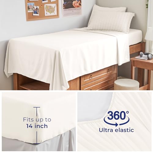 Image of HYMOKEGE Ivory Twin XL Comforter Set Seersucker 5 Pieces, All Season Luxury Bed in a Bag for Bedroom, Bedding Set with Comforter, Sheets, Pillowcase & Sham