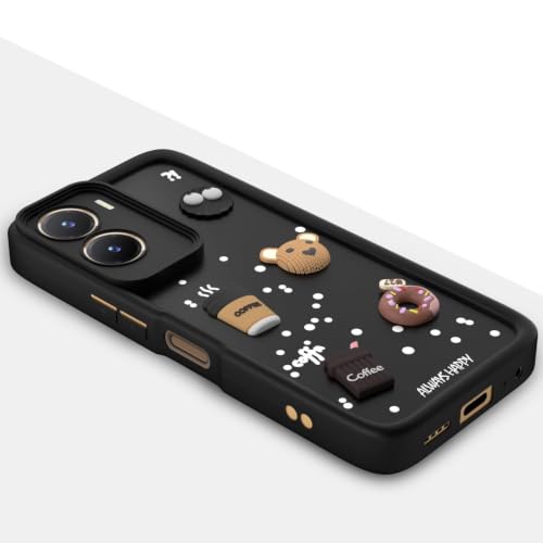 Image of Bintage Cute Fun Taddy Cartoon 3D Ball Bear Milk Donut Coffee Cup Silicon Case Full Body & Camera Protection Back Cover Compatible for Vivo V29e 5G - Black
