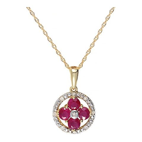 Ivy Gems 9ct Yellow Gold Red Ruby and Diamond Flower Necklace with Prince of Wales Chain Length 46cm Cover