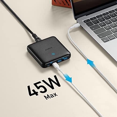 Anker USB C Plug, 543 Charger (65W II), PIQ 3.0 & GaN 4-Port Slim Fast Wall Charger, with Dual USB C Ports (45W Max), for MacBook, USB C Laptops, iPad Pro, iPhone and More