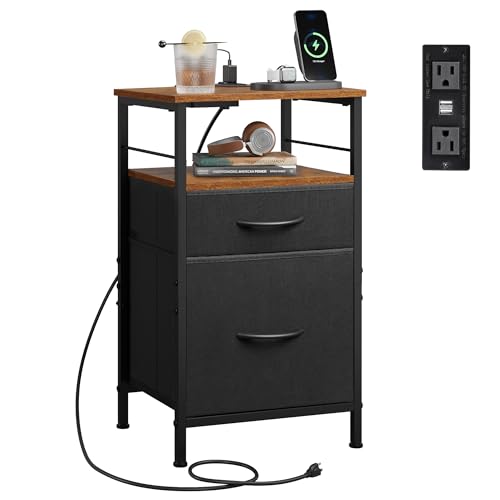 WLIVE Nightstand with Charging Station, Night Stand with 2 Fabric Drawers, Bedside Table, Small Dresser for Bedroom, Side Table with USB Ports and Outlets, Black and Rustic Brown