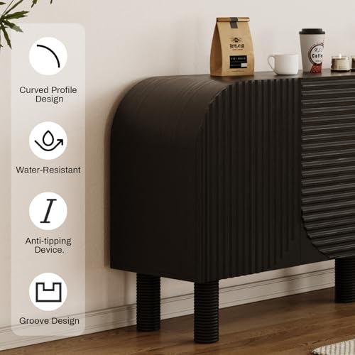 Image of 71 inch Curved Sideboard Cabinet with Storage, 4-Door Buffet Credenza,Black