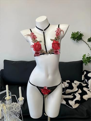 [LIKENNY] セクシー ランジェリー 2点セット ビキニ型 オープンブラ＆ショーツ シースルー下着 バラ刺繍 花柄デザイン 穴あき 過激 パンティー 女性用 エロい下着セット ブラジリアン風 - 画像6